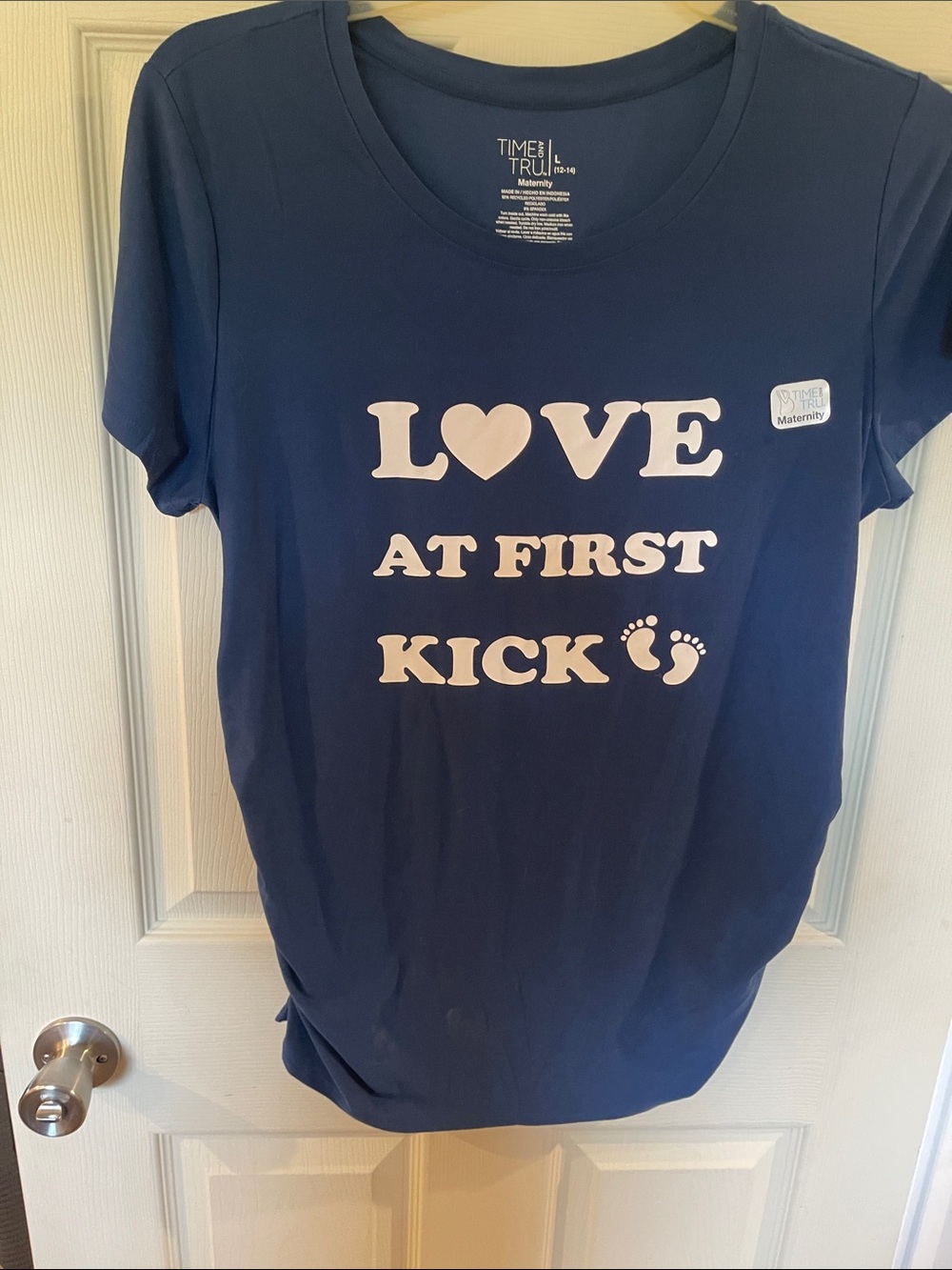 Time and Tru Navy Maternity Tee with Gold Print